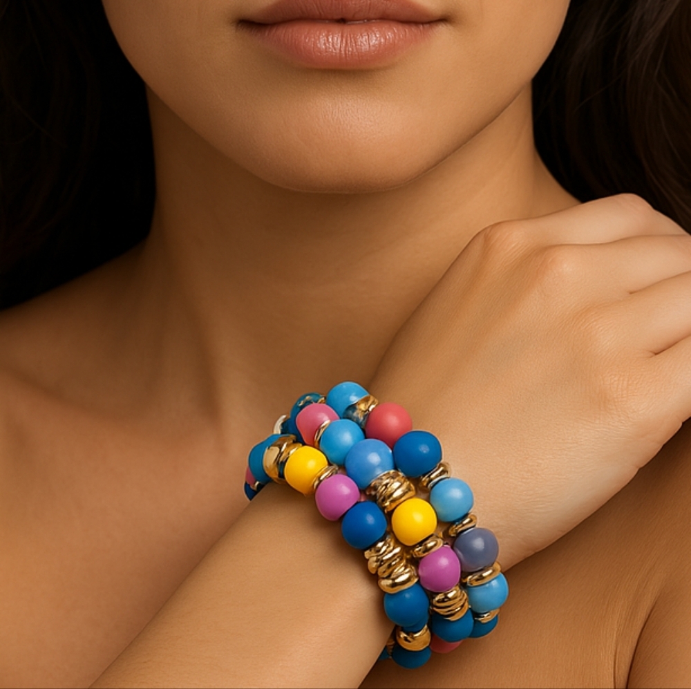Sophia & Kate Women’s 4-Piece Gold & Colorful Bead Stretch Bracelets Set Jewelry